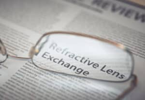 Refractive Lens Exchange Article Title Highlighted Through Eyeglasses. Vision Surgery Concept 3d Illustration