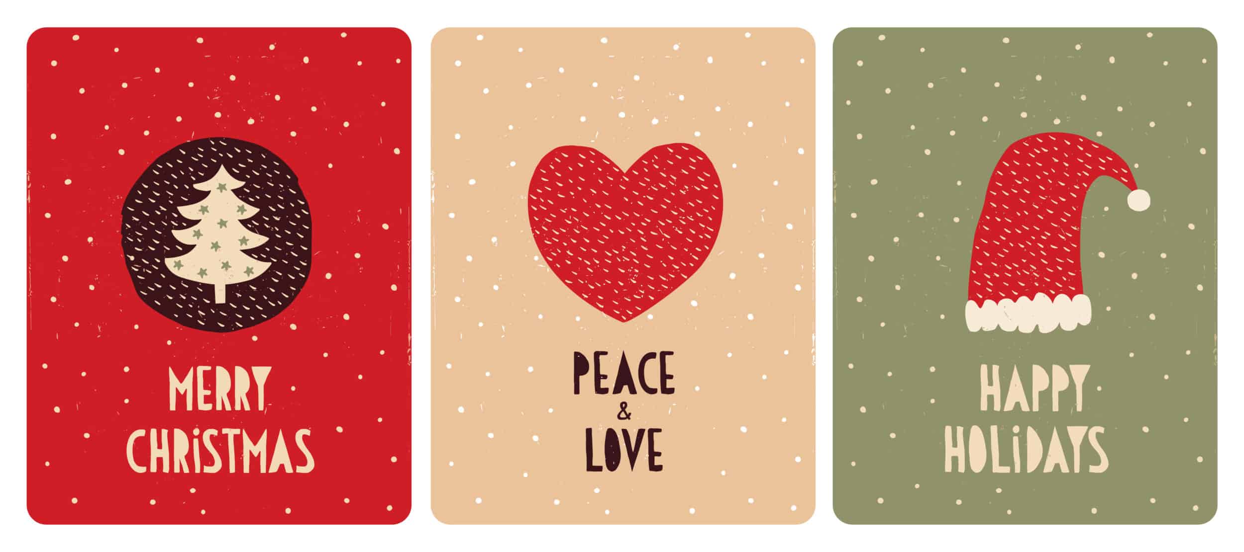 Set of 3 Cute Christmas Vector Card. Christmas Tree with Green Stars, Red Heart and Santa Hat. Hand Written Merry Christmas, Peace and Love, Happy Holidays. Red, Beige and Green Backgrounds.