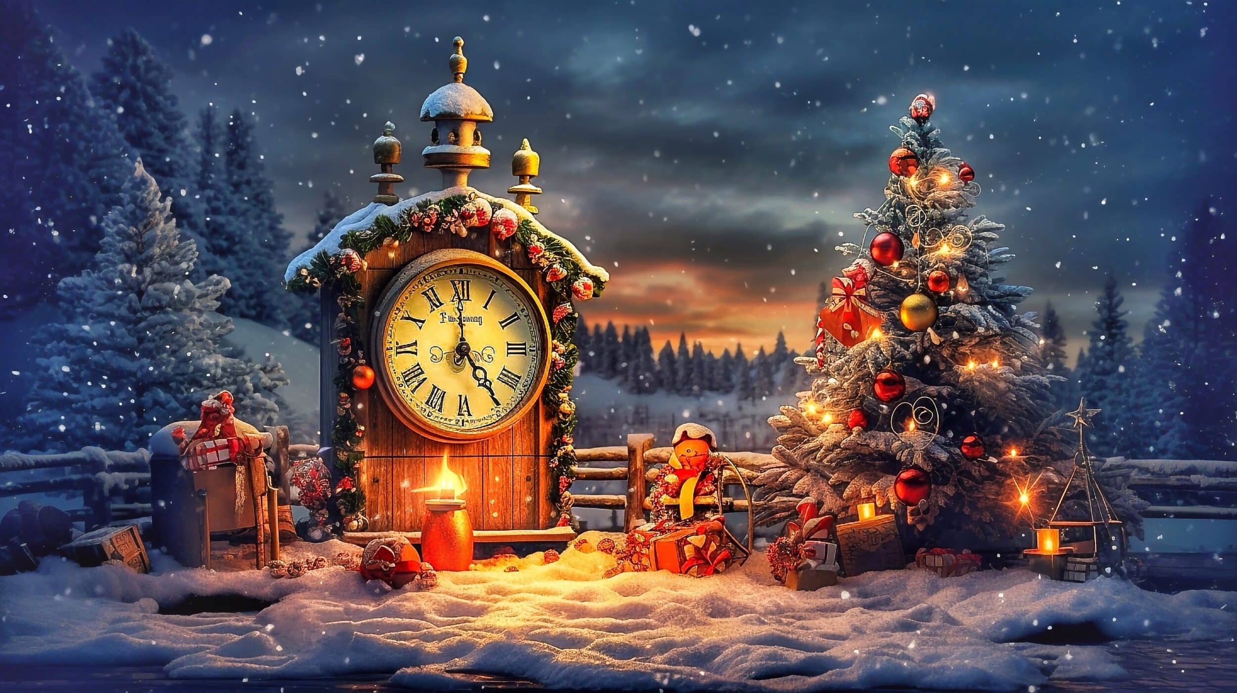Christmas and New Year background with clock, Christmas tree and gifts in the snow